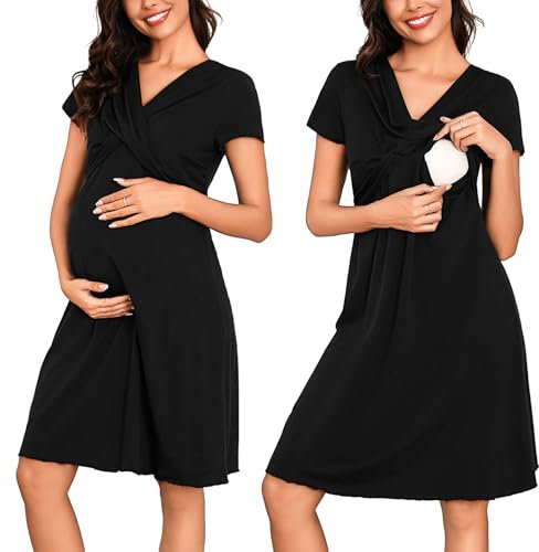 Irdcomps Chemise de Nuit Maternité Femme Coton Robe Patineuse Maternité d'allaitement Robes Vêtements Grossesse Allaitement Pyjama à Manches Courtes Noir L