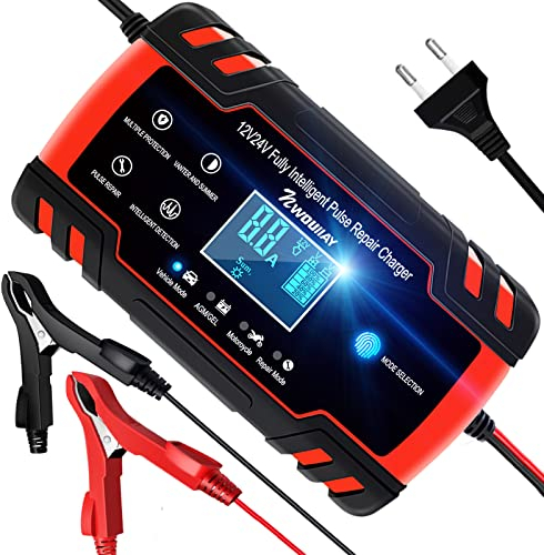 NWOUIIAY Cargador Batería Auto Rojo Automático 8A 12V 24V con Modo Invierno y Verano y Función de Mantenimiento Cargador Baterías Coche para Coche Moto Barco