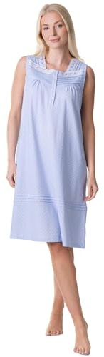 Camille 100% Cotton Sleeveless Women's Nightie | Below Knee Length Nightdress | Comfortable & Breathable Traditional Nighty With Button Fastening | Classic Nightwear | Blue 10-12