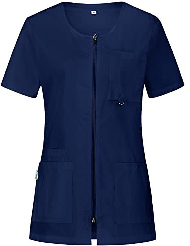 B-well Stella Blouse Medicale Blouse Estheticienne Professionnelle Blouse Infirmiere Femme Blouse Infirmiere Femme Manches Courtes Col en V avec Fermeture Éclair 4 Poches, 4 Poches, Bleu, S
