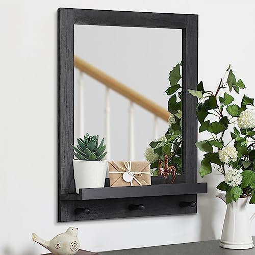 AOAOPQ Wandspiegel Rechteckig Holz Hängespiegel mit Regal und Haken Rustikaler Punkt Grau Holz für Wohnzimmer Schlafzimmer Eingang Flur Bauernhaus Rahmen Spiegel