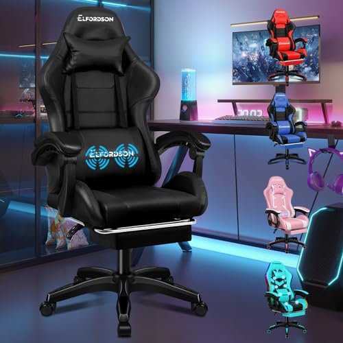 ELFORDSON 2-point Massage Gaming Chair with XL Lumbar Cushion Headrest Footrest, Comfy Computer Office Chairs Tall Back for Home Office, Black