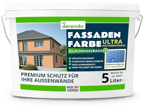 derendo Fassadenfarbe Terracotta Silikonharzfarbe Aprikose aussen 5l | Für Putz Beton, Abperleffekt, wasserabweisend, UV-beständig, hohe Deckkraft, rissfüllend, diffusionsoffen, Made in Germany,