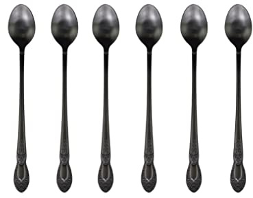 Lattelöffel mit Dekor Latte Macchiato Löffel Set 6-teilig rostfreies Staal Lange Löffel Kaffeelöffel antique kohle, L19,5 cm