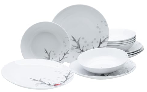 CreaTable, 13917, Serie Luna Hirsch, 12-teiliges Geschirrset, Tafelservice aus Porzellan, spülmaschinen- und mikrowellengeeignet, Qualitätsproduktion