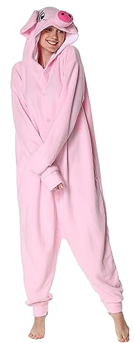 Focupaja Onesie Adulte Pyjama Cosplay Cochon Mignon Costume d'animal Vêtements de Nuit Combinaison d'halloween Rose M