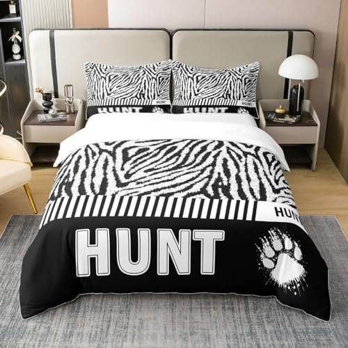richhome 155x220 Bettbezug Set Zebrastreifen Comforter Cover Set 100% Reine Baumwolle Afrika Wildtier Bär Bettbezug Set Schwarz und Weiß Jagd Thema Bettwäsche Set