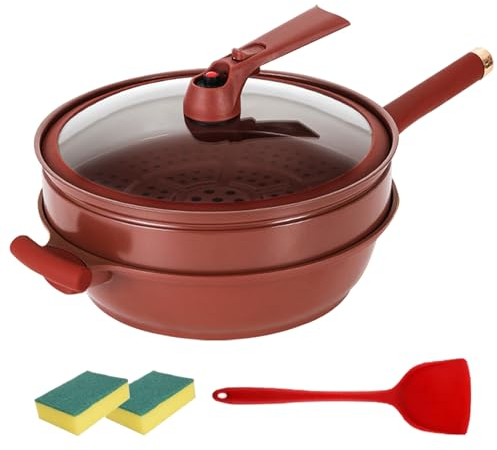 Qivine Wok in Argilla Antiaderente, 32cm Padella Antiaderente in Argilla con Cestello per la Cottura a Vapore, Micro Pentola a Pressione Antiaderente in Argilla per Cottura e Vapore