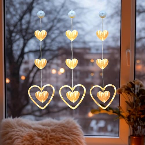 Recitem Lichtervorhang Lichterkette Herzen LED,Batterie Fensterbeleuchtung Ganzjährig für Valentinstag Lichtervorhang Innen Außen Deko für,Ramadan,Hochzeit,Weihnachten (Doppelherzen)
