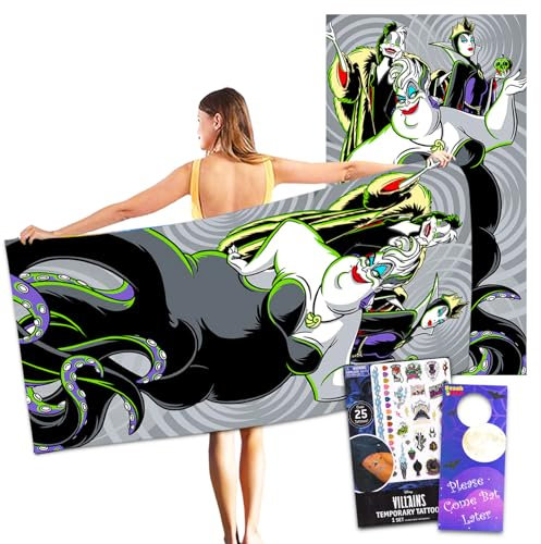 Disney Villains Strandtuch-Set – 101,6 x 182,9 cm riesiges Disney Villains Badetuch mit Tattoos, mehr | Ursula Böse Königin Cruella Badezimmer-Dekor