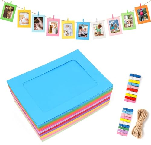 Gyxcelc 20 Stücke Fototaschen zum Aufhängen Bunte 10 x 15 cm Fotorahmen aus Pappe,Fotorahmen Papier Selbstklebende Bilderrahmen zum Foto Netz Klassenraum- mit Holzklammern und Hanfseilen