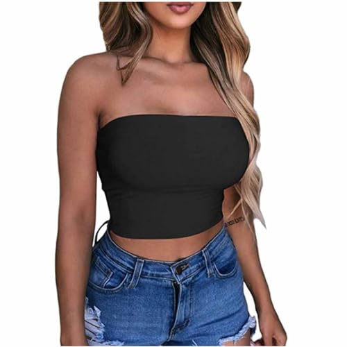 KOG Prime Bandeau Top Damen Crop Tops Sexy Tube Top Frauen Sommer Y2k Aesthetic Clothes Push up Bustier Bauchfreie Trägerloser Slim Fit Oberteile Outlet Amazon Warehouse Deal Schwarz S