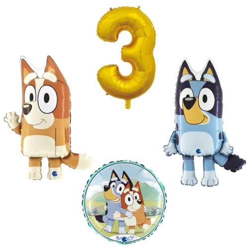 4 teiliges Ballonset mit Bluey und Bingo einer Ballonzahl mit der Nummer 3 in Gold und ein runder Ballon
