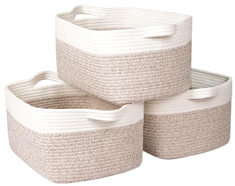 Univivi 3-Pack Storage Baskets for Shelves, Rope Basket for Towel Storage, White Bathroom Storage Basket, Woven Blanket Basket for Living Room, Shoe Basket, Baby Storage Basket, White & Khaki