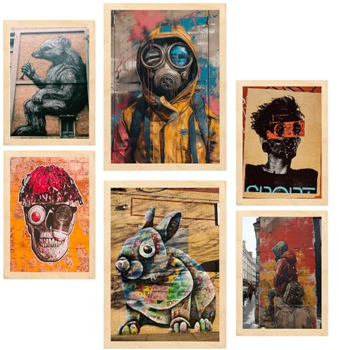 Nacnic-Set mit 6 Dekorative Malerei Graffiti, Straßenkunst im Banksy-Stil in Brauntönen Gerahmtes Poster mit Design-Illustrationen zur Dekoration der Wände A3 & A4 Leichter Holzrahmen