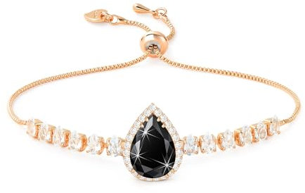 Linawe Black Crystal Imitation Diamond Bracelets for Women, Rose Gold Chain Charm Bracelet, Rhinestone Birthstone Moissanite Cubic Zirconia Bracelet Set, Prom Costume Preppy Jewellery