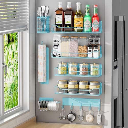 Kmise Magnetisches Gewürzregal für Kühlschrank, 8-Pack magnetisches Kühlschrankregal, beweglicher Gewürzorganizer mit Hakenregal, Papierhandtuchhalter, Utensilienhalter, Becherdeckelhalter, blau