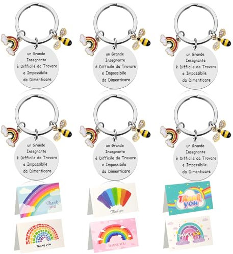 SwirlColor Porte-clés professeur 6 pièces, merci maître porte-clés en acier inoxydable porte-clés pour instructeur professeur entraîneur cadeau pour enseignant avec carte de remerciement, argent,