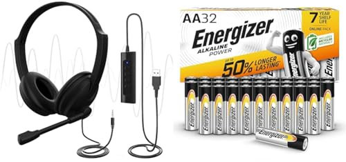 Venker EL USB Headset with Microphone for PC Laptop, Adjustable Noise Cancelling Business Office Headsets & Energizer AA Batteries, Alkaline Power, 32 Pack, Double A Battery Pack