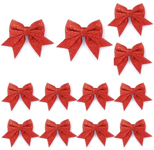 Moorle Glitter Red Christmas Bows Decorations 12 Pack, Bows for Christmas Tree Decorations, Christmas Tree Bow Ornaments, Sequin Bow Ties for Xmas Tree Wreaths Garland Bow Decorations