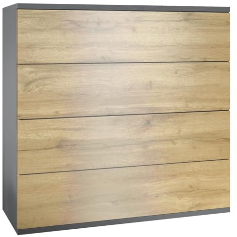 Vladon Kommode Pavos V3 hängend, Sideboard mit 4 Schubladen Anthrazit matt/Eiche Evoke (76 x 94 x 35 cm)