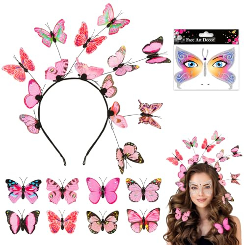 Augesak Schmetterling Haarreif, Rosa Schmetterling Kopfschmuck, 1 Schmetterling Stirnband+ 8 Haarspangen, Schmetterling Kostüm Zubehör Set, Fasching Schmetterling Damen Haarschmuck Karneval Haarband