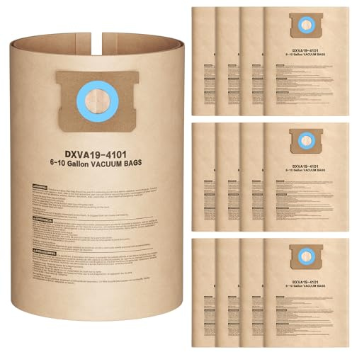 Lot de 12 sacs d'aspirateur DXVA19-4101 pour aspirateurs DEWALT de 20,3 cm, 24,7 cm, 37,7 litres, sacs filtrants jetables de rechange pour DeWalt DXV06P, DXV09P, DXV09PA, DXV10P, DXV10PL, DXV10S,