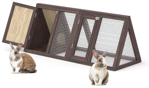 Rabbit Hutch, Small A-Frame Chicken Coop w/ 2 Door & Run Cage(Brown)