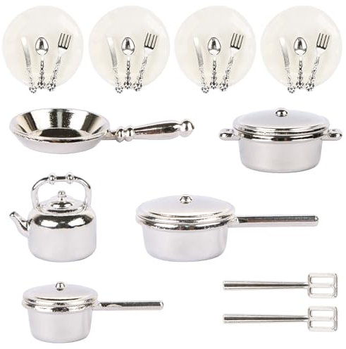 26 Pieces Dollhouse Miniatures Kitchen Set Metal Miniature Baking Set Include Mini Pots Mini Pans Plates Knife Fork Spoon for Dollhouse Party Decoration Supplies