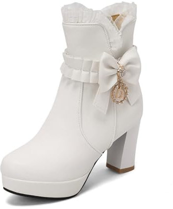 FQMAYPO Donna Stivaletti alla Caviglia Chunky Block Heel Kawaii Fiocchi Stivaletti Piattaforma Cerniera Lato Stivali Lolita Punta Rotonda Tacchi Alti Cosplay in Pelle Corti Abito,Bianca,39 EU