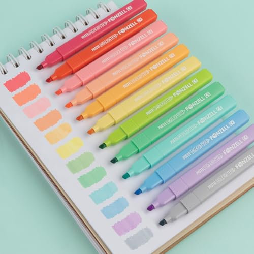 Fonzell Pastell Highlighter Set – 12 Farben Textmarker mit Meißelspitze, Wasserbasiert & Ungiftig – Schnelltrocknend, Kein Verschmieren, Perfekt für Schule, Büro & Bullet Journal