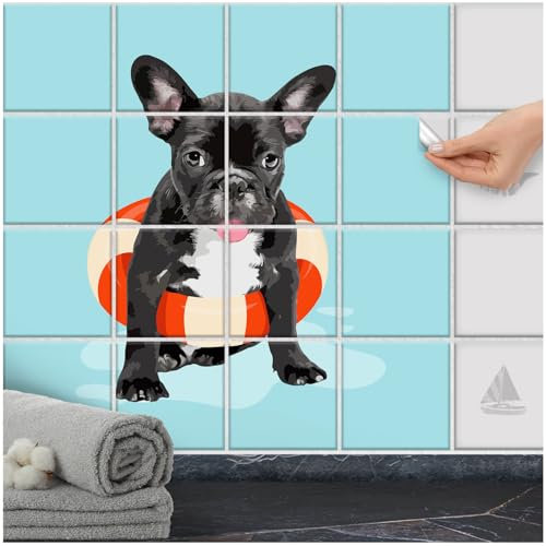 FoLIESEN Fliesenaufkleber - Fliesenbild für Bad, Küche, Badezimmer - Deko Klebefliesen selbstklebend - Bulldogge Ahoi, Fliese - Bild (BxH):15x15 cm - 60x60 cm / 16-tlg.