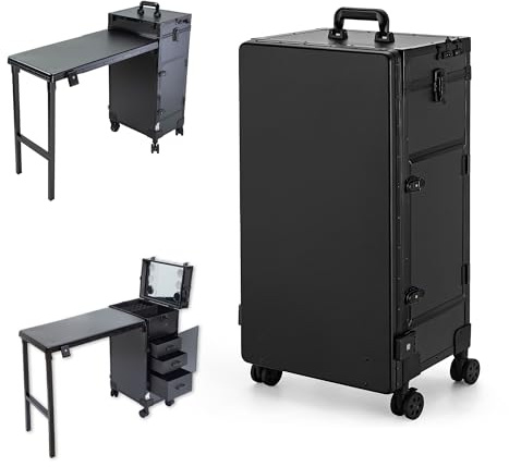 Gdsshuhung Rolling Makeup Train Case Large Storage Cosmetic Trolley with Collapsible Nail Table Nail Makeup Organizer with LED Mirror 4 Drawer TSA Lock, Black, Square Makeup Bag With Led Mirror