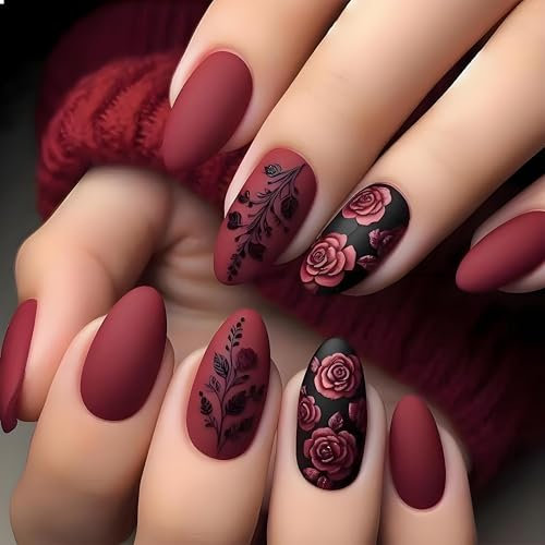 Almond Red Rose Design – Salon-Quality False Nails Short Elegant Touch Reusable Fake Nails for Women Daily Wear & Parties
