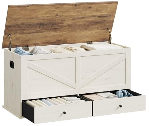 VASAGLE Storage Chest, Storage Bench with 2 Fabric Drawers, Farmhouse Style, for Entryway, Bedroom, Living Room, 15.7 x 39.4 x 19.9 Inches, Rustic White and Honey Brown ULSB043W02