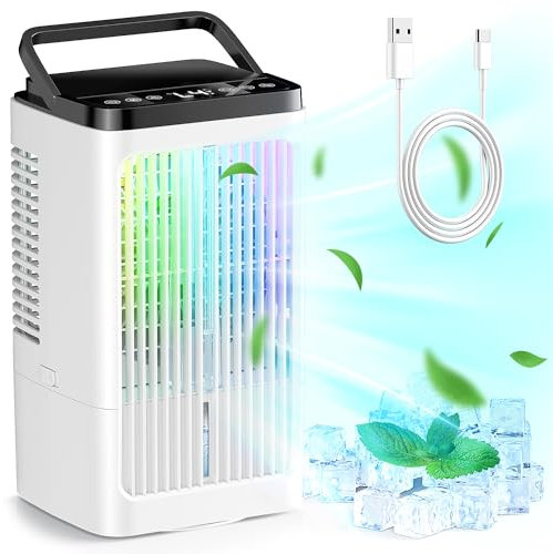 Climatiseur Mobile 1.2L, USB ventilateur, 4 Vitesses,2 Modes,lumières colorées, oscillation de 90°
