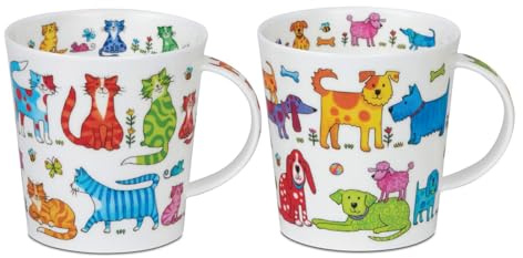 DUNOON 2er Set Becher Cairngorm Colourful Crew Katzen und Hunde 0,48 l Fine Bone China Porzellan 480ml Tasse bunt Moderne Kaffeetasse mit farbenfrohem Design - spülmaschinenfest