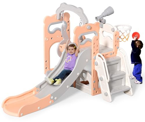 Kinderrutsche Outdoor & Indoor, Babyrutsche 6 in 1 mit Basketballkorb,Freistehende Rutsche,Stauraum,Kletterleiter und Spielteleskope (Rose)