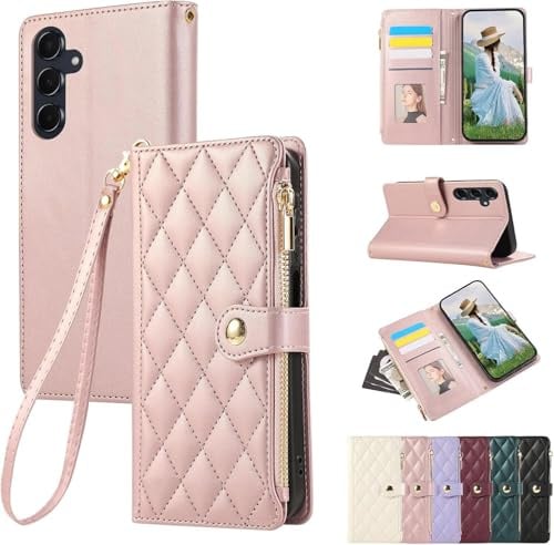 Sawiqpd Wallet Phone Case for Samsung Galaxy A17 5G / A17 4G, Rose Gold | Faux Leather Shockproof TPU, Kickstand, Card Slots, Magnetic Closure, Strap, RFID Protection, Zip Pocket, Flip Bumper Cover