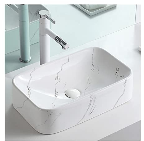 XDAWQP Vasque de Salle de Bain rectangulaire en céramique Blanche à Poser, Effet marbre, 48 x 29 cm, pour Meuble-lavabo