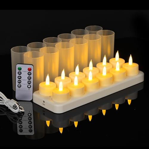 12pcs Bougie LED Rechargeable, Bougie Chauffe Plat LED avec Base de Charge - Flamme Vacillante Réaliste, Minuterie 2/4/6/8h, Télécommande, USB-C, pour Noël/Halloween/Mariage/Valentine's Day/Fêtes