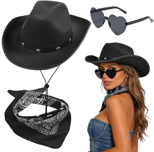 FCXVXCL Cowboy Hut Set für Damen Cowboyhut Zubehör Set Cowgirl Accessoires mit Sonnenbrille und Halstuch Breite Krempe Kostüm Accessoires für Mottoparty Westen Kostü Karneval