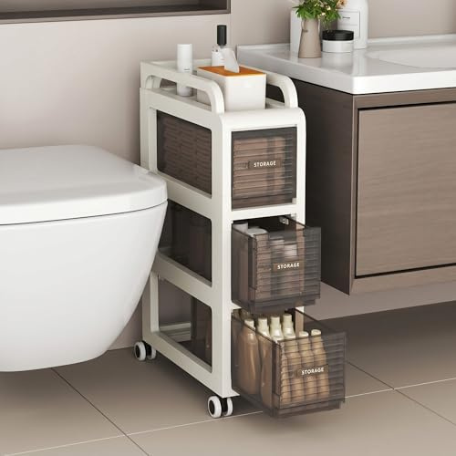 20cm Bathroom Cabinet, 3 Drawers Storage unit, 66cm Tall Toliet Organiser | , Freestanding Cupboard Organiser for Bathroom, Kitchen, Laundry Room