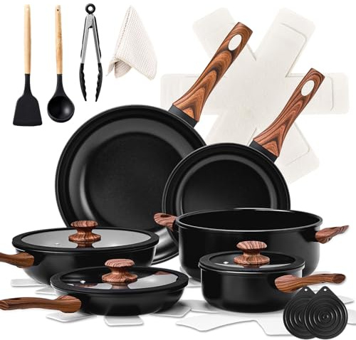 ROVSUN Batterie de Cuisine Induction 20 Pièces, Casserole Induction avec Poignée Bois Anti-Brûlure, Set de Casseroles et Poêles, 6 Casseroles, 3 Couvercles, Tout Feux, Antiadhésive, Noir