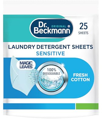 Dr. Beckmann Laundry Detergent Sheets, Sensitive, 25 Sheets | Convenient pre-dosed Fabric Conditioner sheets, with Magic Leaves Technology, 100% dissolvable, easy to use. Sensitive skin