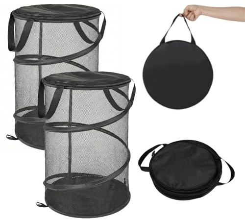 HOMESHOPA Collapsible Mesh Laundry Hamper with Lid, 2 Pack Pop Up Washing Basket with Zip, Portable Laundry Bin for Clothes, Toys, Travel & Student Dorms