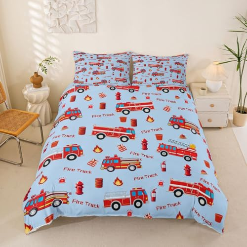 richhome Feuerwehr Bettwäsche Set 135x200cm Feuerwehr Thema Bettwäsche-Set Kinder Zug LKW Drucken Bettbezug Set für Jungen Mädchen Schlafzimmer Dekor Blau Rot mit 1 Kissenbezug