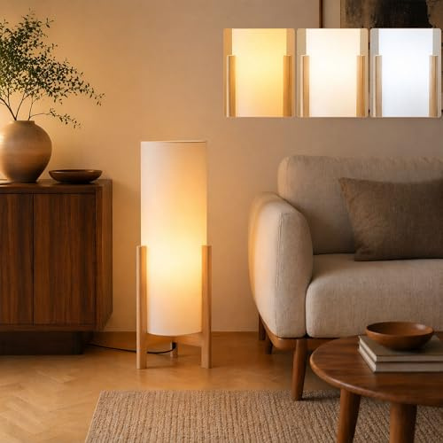 KlkrzJwy Wabi-Sabi Holz-Stativ-Stehlampe, 78 CM, Mit Leinenschirm | Von Papierlaternen Inspirierter Leinenschirm, E27, 3 Farbtemperaturen, Fußschalter, Naturholz, Wohnzimmer, Schlafzimmer, Büro