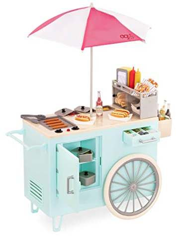 Our Generation – 46 cm Puppenzubehör – Rollender Imbisswagen – Hot Dog Set – Spielzeug-Essen & Registrierkasse – Spielzeug für Kinder ab 3 Jahren – Hot Dog Wagen Retro