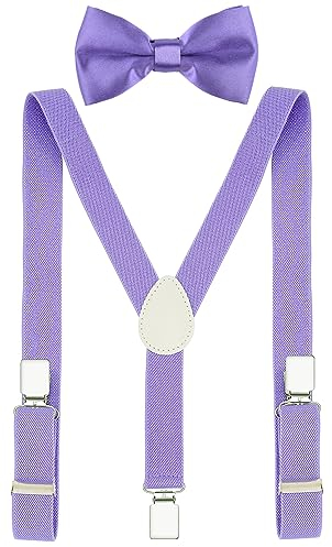 PZLE Herren Jungen Fliege und Hosenträger Set Verstellbar Elastisch, lavendel, 119 cm (Erwachsene)
